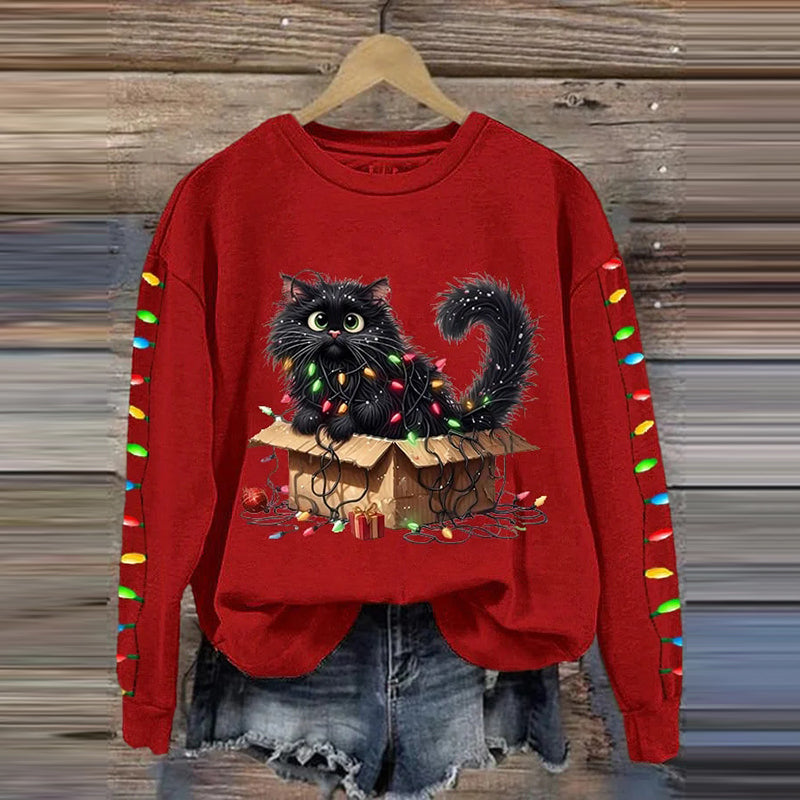 Comstylish Women's Christmas Cat Print Crew Neck Casual Sweatshirt