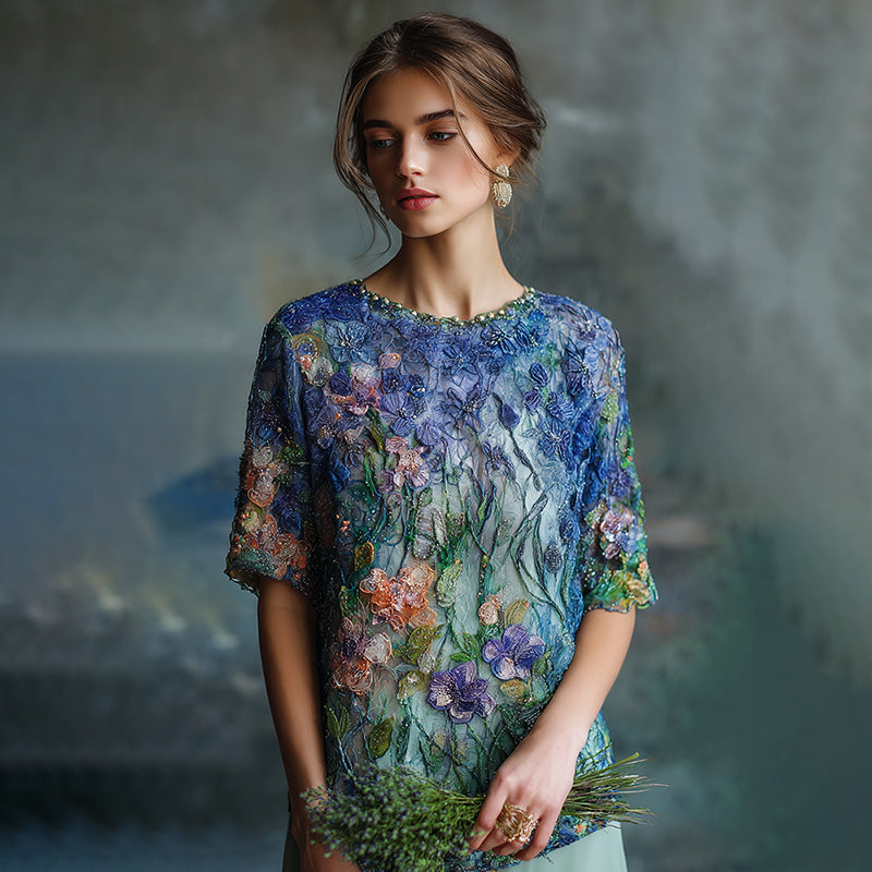 Women's Oil Painting Floral Contrast Color Sequined T-shirt artswardrobe