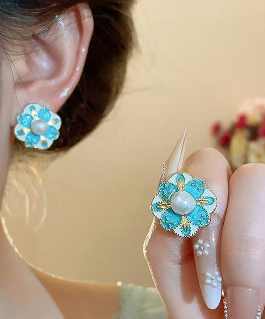 Blue Copper Pearl Stud Earrings