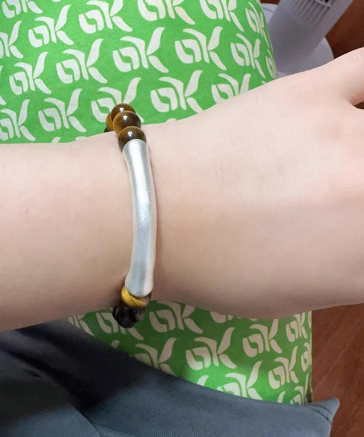 Brown 999 Pure Silver Bend Pipe Patchwork Tiger's Eye Bracelet