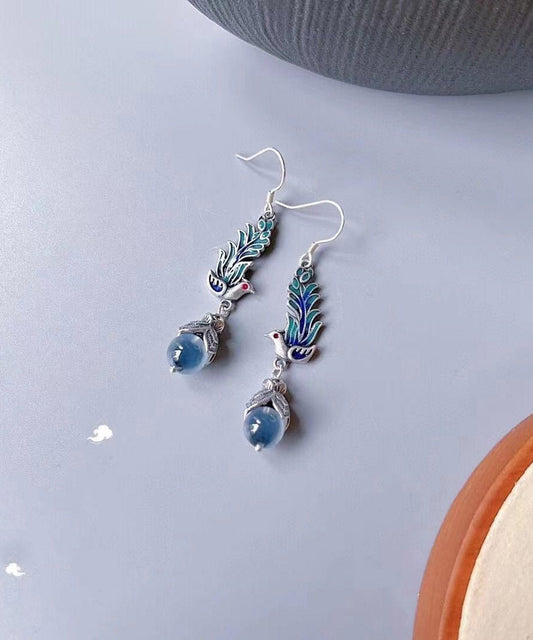 Blue Sterling Silver Cloisonne Enamel Phoenix Drop Earrings
