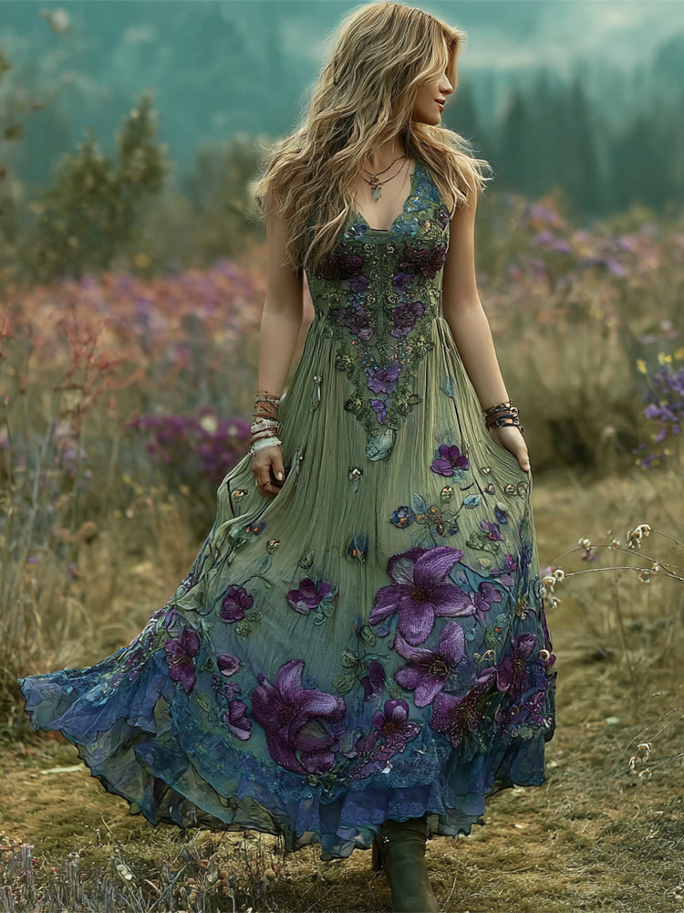 Vintage Boho Floral Embroidery Women's Linen V-neck Vest Maxi Dress elevenforest