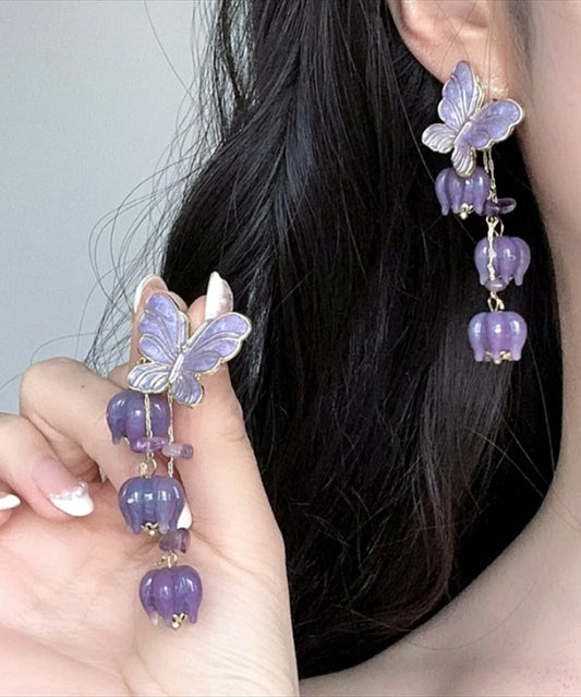 Purple Alloy Ringflower Butterfly Tassel Drop Earrings