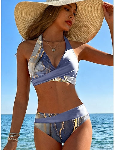 Bikini 2 Piece Swimsuit Cheeky Vacation Ombre Graphic V Neck Sleeveless Bathing Suits