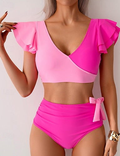 Swimwear 2 Piece Cheeky Swimsuit Ruched Patchwork Backless Vacation Beach Wear Color Block V Neck Sleeveless Bathing Suits