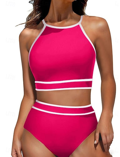 Tankini 2 Piece Swimsuit Briefs Tummy Control High Waist Slim Backless Vacation Beach Wear Scoop Neck Sleeveless Bathing Suits