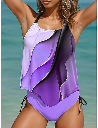 Tankini 2 Piece Swimsuit Cheeky Backless Vacation Beach Wear Ombre Halter Neck Sleeveless Bathing Suits