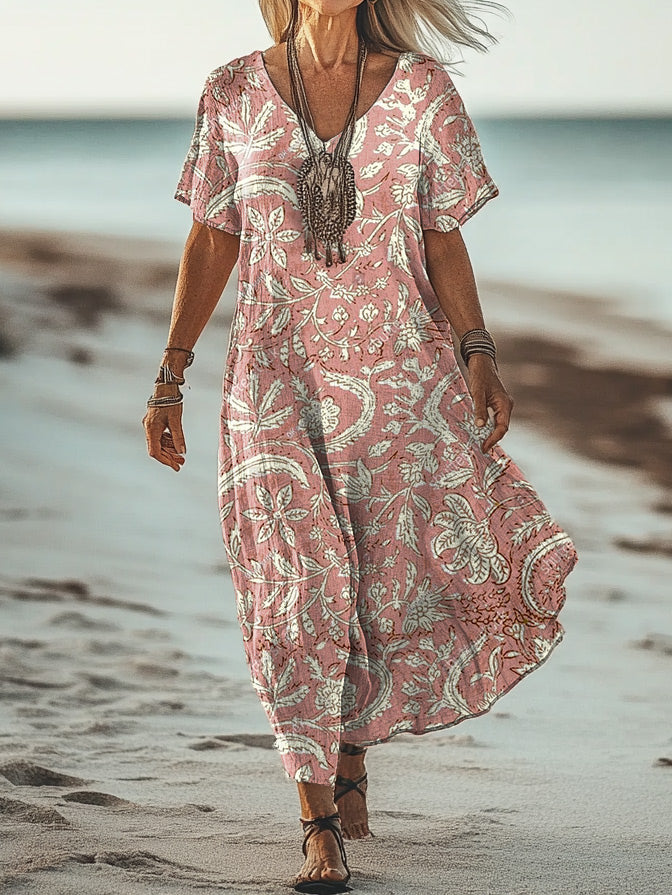 Women's Art Floral Hippie Vintage Print V Neck Dress