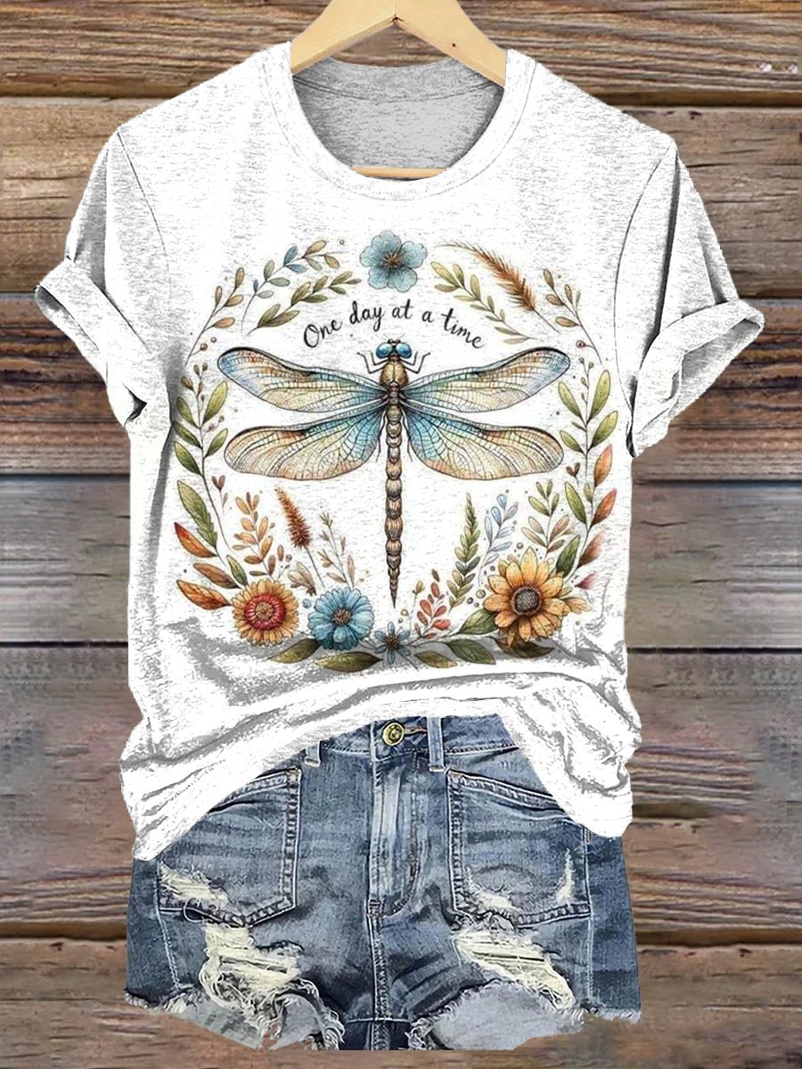 Dragonfly Floral Pattern Art Art Round Neck Short Sleeve T-Shirt