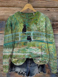 Women's Casual Japanese Art Funny Black Cat Print Sweatshirt elevenforest