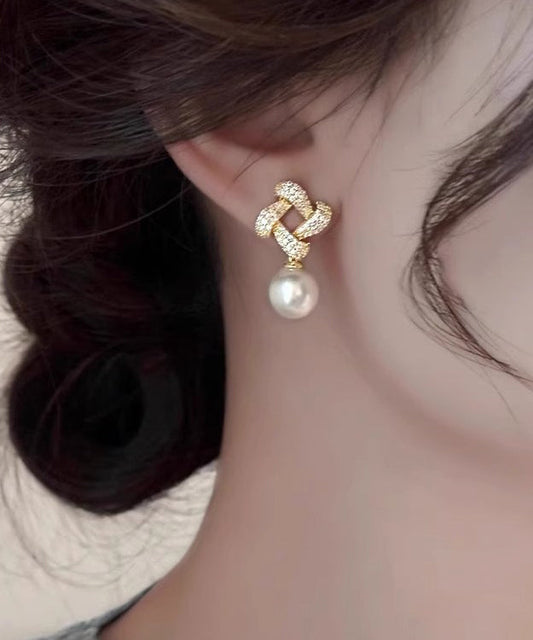 Gold Sterling Silver Overgild Zircon Pearl Square Drop Earrings