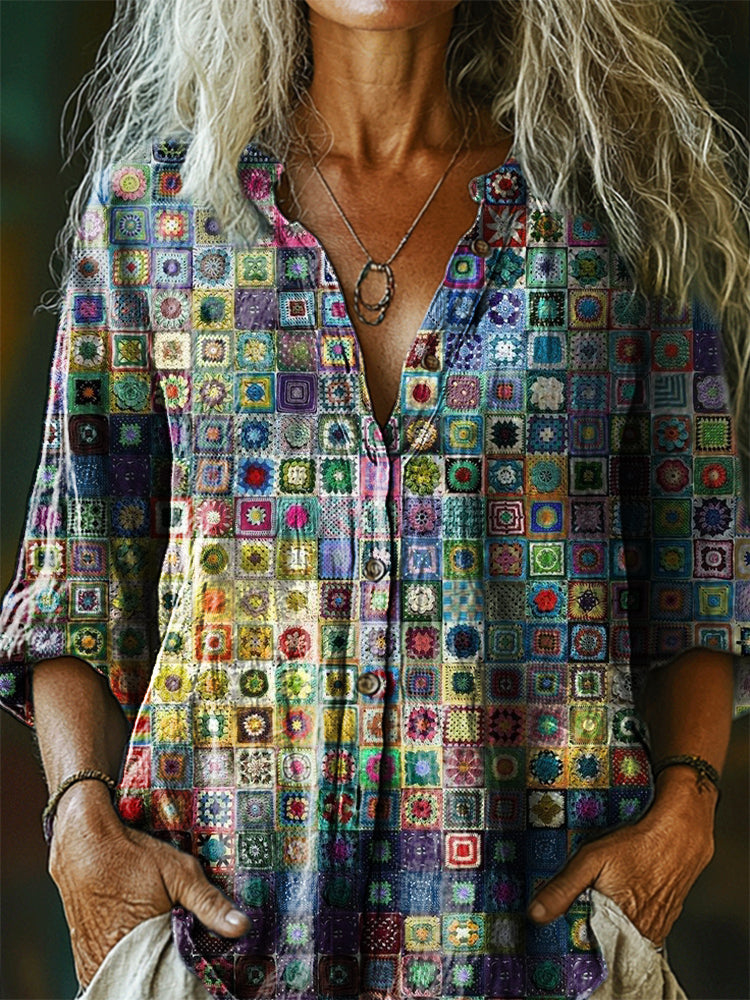 Women's Bohemian Patterns Art Print Casual Cotton Linen Shirt
