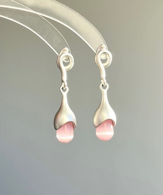 Pink Sterling Silver Cat Eye Stone Tassel Drop Earrings