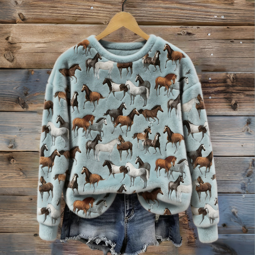 Comstylish Vintage Western Wild Horses Art Cozy Plush Sweatshirt