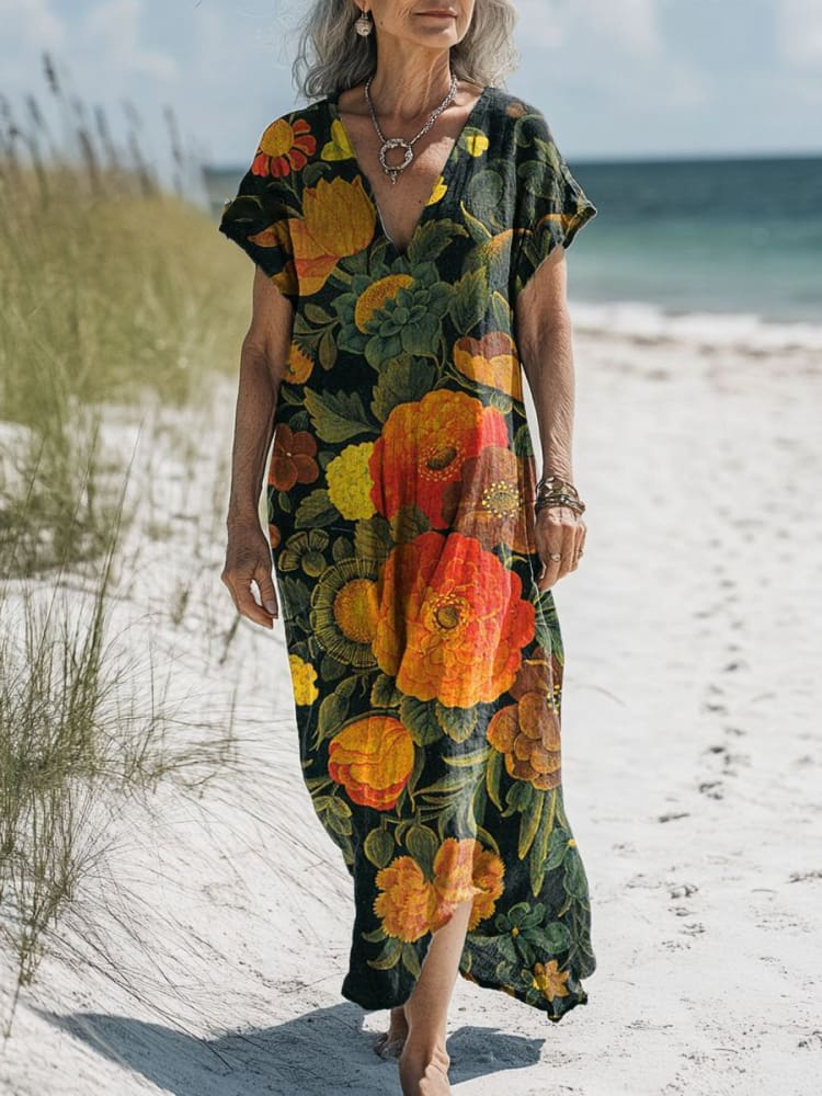 Women's Vintage Artistic Floral Pattern Print Pocket Cotton Dress