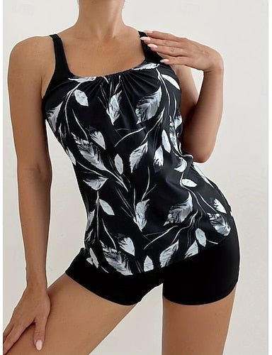Tankini 2 Piece Swimsuit Shorts Tummy Control High Waist Slim Backless Vacation Beach Wear U Neck Sleeveless Bathing Suits