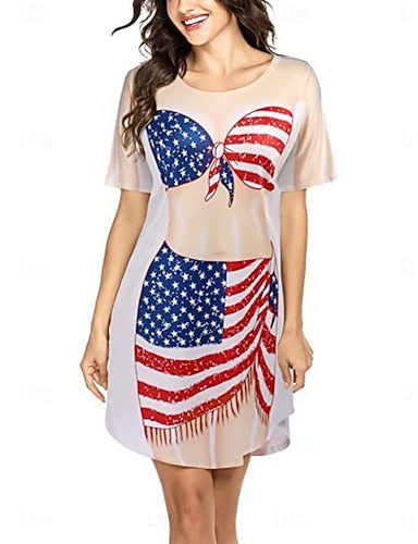 Swimdress Swimsuit Dress Vacation Beach Wear Graphic Flag Round Neck Long Sleeve Bathing Suits