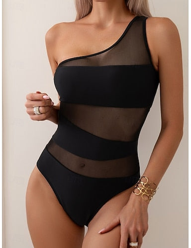 One Piece Swimsuit Cutout One Shoulder Monokini Tummy Control High Waist Slim Backless Vacation Color Asymmetric Neck Sleeveless Bathing Suits