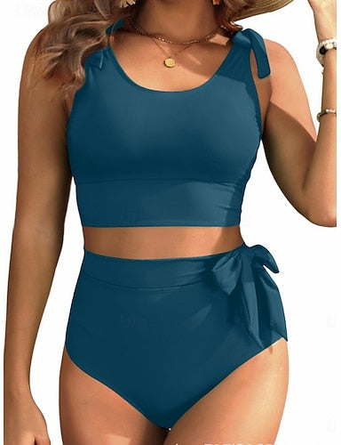 Bikini 2 Piece Swimsuit Briefs Slim Backless Vacation Beach Wear Color U Neck Sleeveless Bathing Suits