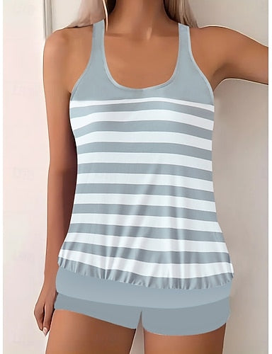 Tankini 2 Piece Swimsuit Colorblock Shorts Tummy Control High Waist Slim Backless Vacation Beach Wear Striped V Neck Sleeveless Bathing Suits