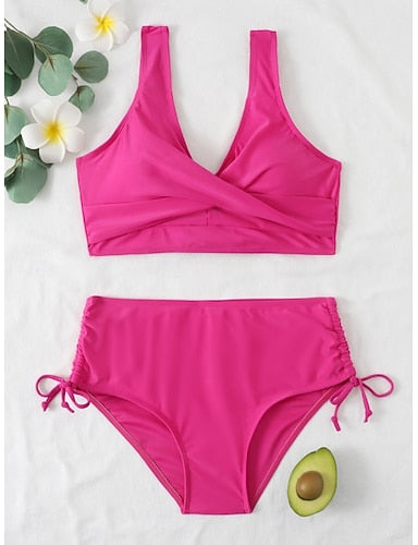 Bikini 2 Piece Swimsuit Ruched Cheeky Slim Backless Vacation Beach Wear Color V Neck Sleeveless Bathing Suits