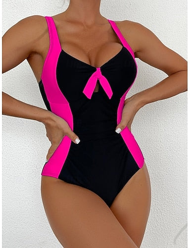 Swimwear One Piece Monokini Swimsuit Tummy Control High Waist Slim Backless Vacation Beach Wear Color Block V Neck Sleeveless Bathing Suits