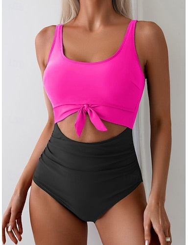 One Piece Swimsuit Cutout Monokini Tummy Control High Waist Slim Backless Vacation Beach Wear Polka Dot Color Block U Neck Sleeveless Bathing Suits