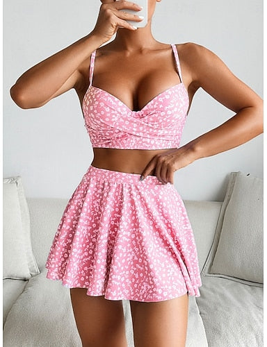 Bikini 3 Piece Swimsuit Skirt Backless Slim Vacation Beach Wear V Neck Sleeveless Bathing Suits
