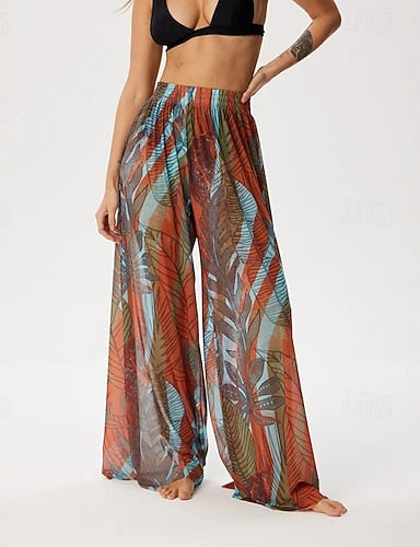 Beach Vacation Pants Flowy Palazzo Wide-leg Pants Graphic Loose Chiffon Uv Protection Breathable Bottoms Surfing Beach Vacation Autumn