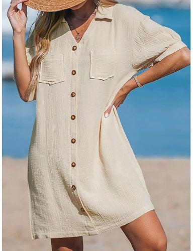 Mini Dress Beach Dress Shirt Dress Cover Up Daily Outdoor Beach Regular Fit Plain Short Sleeve Shirt Collar Apricot Summer Spring