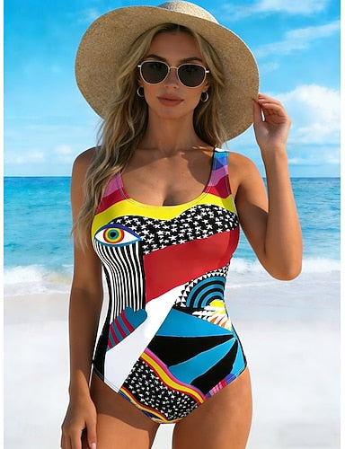 Swimwear One Piece High Cut Swimsuit Beach Wear Summer Graphic Geometric U Neck Sleeveless Bathing Suits