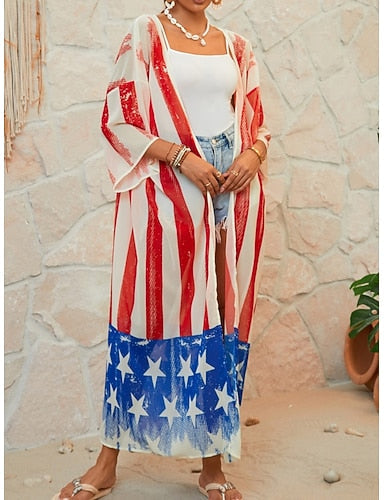 Swimwear Cover Up Swimsuit Vacation Beach Wear Flag V Neck Long Sleeve Bathing Suits