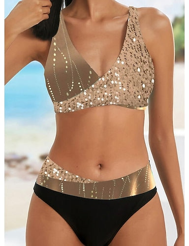 Bikini 2 Piece Swimsuit Normal Color Block Strap Vacation Beach Wear Bathing Suits