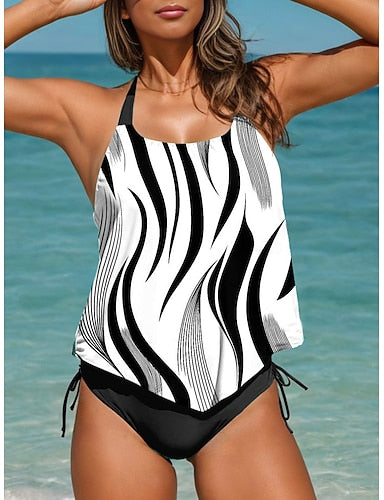 Tankini 2 Piece Swimsuit Colorblock Cheeky Backless Vacation Beach Wear Graphic Geometic U Neck Sleeveless Bathing Suits