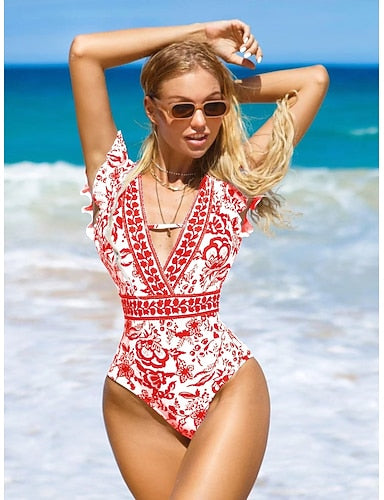 Swimwear One Piece Briefs Swimsuit Cutout Slimming Uv Protection Plunge 3d Active Graphic V Neck Sleeveless Bathing Suits