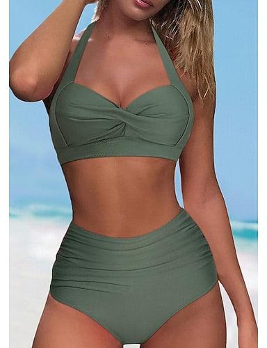 Swimwear Bikini Shorts Swimsuit Halter 2 Piece Criss Cross Stylish Push Up Plain Sleeveless Bathing Suits