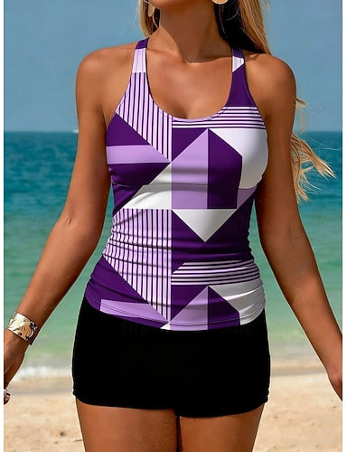 Swimwear Tankini 2 Piece High Waist Swimsuit Tummy Control High Waist Slim Backless Vacation Beach Wear Graphic Geometic U Neck Sleeveless Bathing Suits