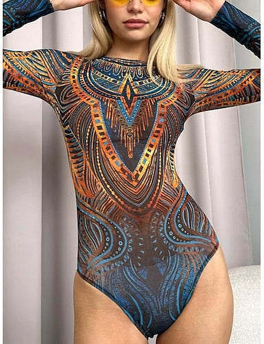 One Piece Swimsuit Slimming Cutout Monokini Tummy Control High Waist Slim Backless Vacation Graphic Geometic Round Neck Long Sleeve Bathing Suits