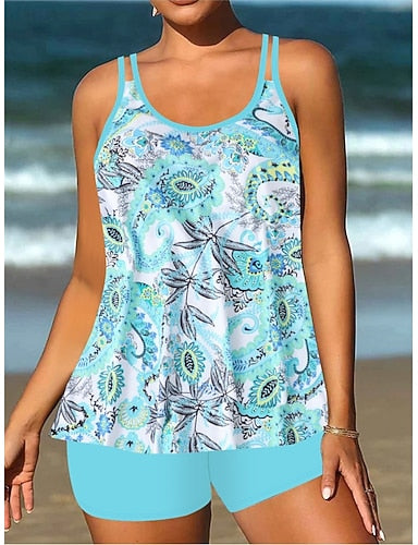 Tankini 2 Piece Swimsuit Shorts Tummy Control High Waist Slim Backless Vacation Beach Wear Paisley Stripe U Neck Sleeveless Bathing Suits