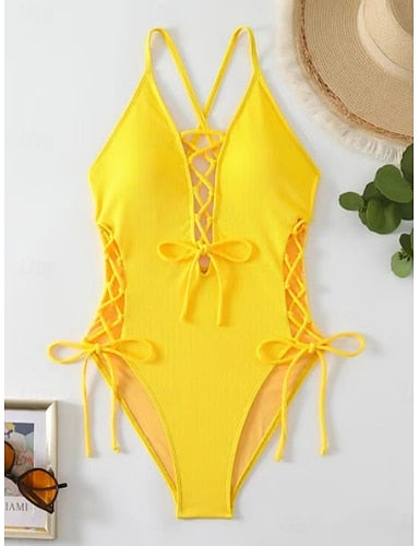 One Piece Swimsuit Cutout Monokini Tummy Control High Waist Slim Backless Vacation Beach Wear Color V Neck Sleeveless Bathing Suits