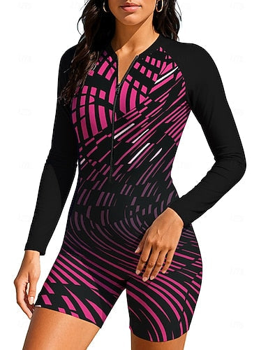 Rash Guard Dive Skin Suit Bathing Suit Swimsuit Set Abstract Geometry Zip Up Removable Pad Front Zip Uv Sun Protection Upf50+ Ultra Light (ul) Long Sleeve Swimwear Sun Shirt Surfing Beach