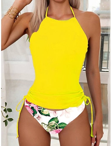 Tankini 2 Piece Swimsuit Leopard Cheeky Tummy Control High Waist Slim Backless Vacation Beach Wear Halter Neck Sleeveless Bathing Suits