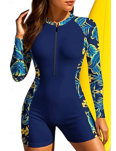 Regular Rash Guard Bathing Suit Boyleg Tropical Zip Up Removable Pad Front Zip Uv Sun Protection Upf50+ Ultra Light (ul) Long Sleeve Swimwear Sun Shirt Surfing Beach Water Sports Summer