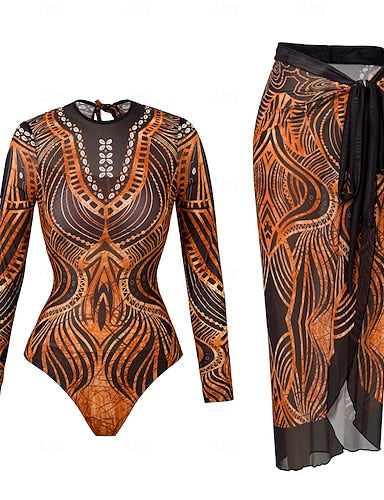 One Piece Swimsuit Slimming With Skirt Monokini Skirt Tummy Control High Waist Slim Backless Vacation Beach Wear Graphic Color Block Round Neck Long Sleeve Bathing Suits
