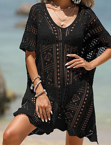 Swimwear Cover Up Swim Dress Swimsuit Crochet Vacation Beach Wear Color V Neck Short Sleeves Bathing Suits