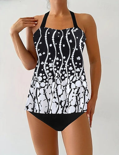 Swimwear 2 Piece Cheeky Swimsuit Backless Vacation Beach Wear Graphic Round Neck Sleeveless Bathing Suits