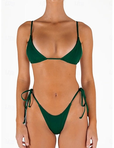 Swimwear Bikini 2 Piece Thong Swimsuit Backless Vacation Beach Wear Plain U Neck Sleeveless Bathing Suits