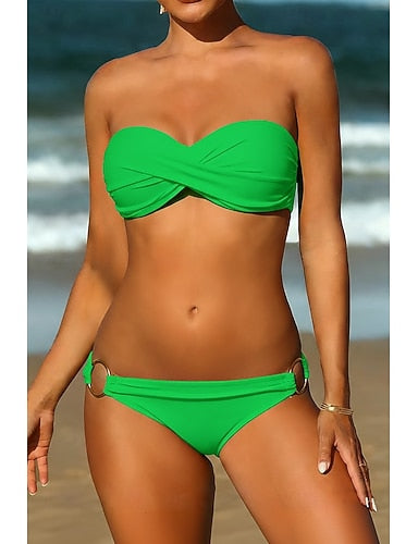 Swimwear Bikini 2 Piece Normal Swimsuit 2 Piece Ruched Open Back Pure Color Green White Black Yellow Rosy Pink Padded Strapless Bathing Suits New Vacation / Modern / Padded Bras