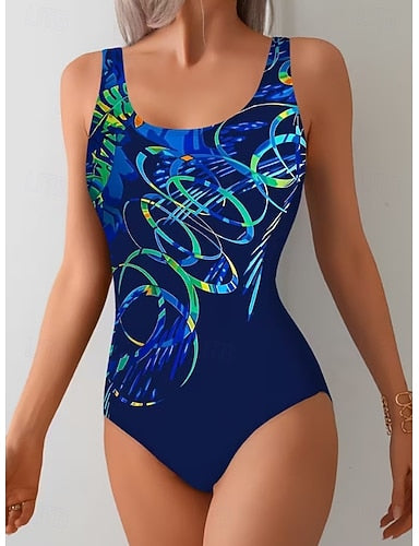 One Piece Swimsuit Slimming Monokini High Cut Tummy Control High Waist Slim Backless Vacation Ombre Graphic U Neck Sleeveless Bathing Suits