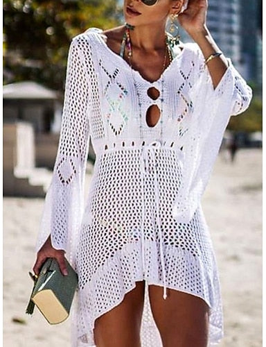 Swimwear Cover Up Beach Dresses Swimsuit High Waist Slim Vacation Beach Wear Color V Neck Long Sleeve